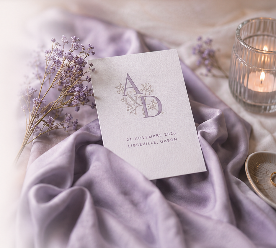 Invitation de mariage posée sur un tissu lilas avec des fleurs