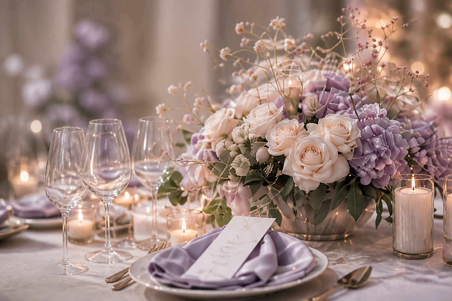 Table de mariage élégante décorée de fleurs lilas, de verrerie et de bougies