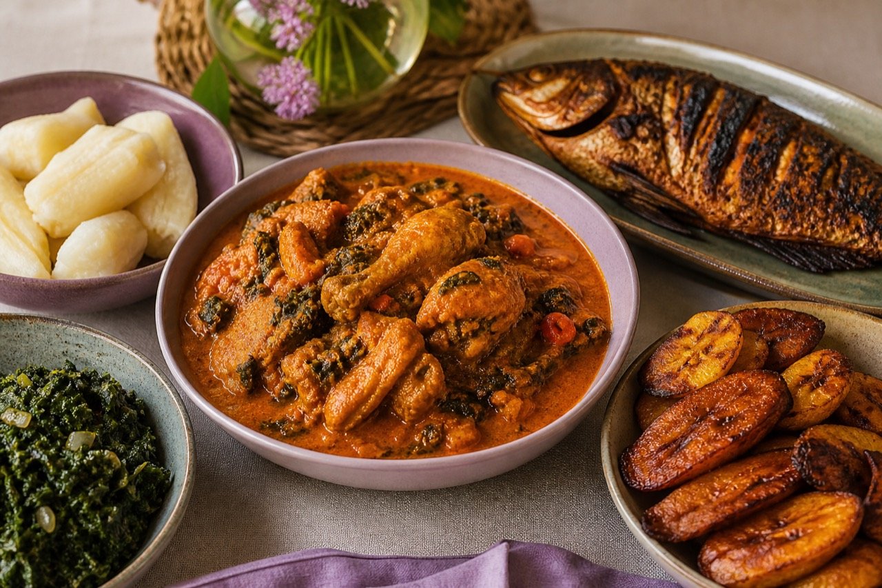 Spécialités gabonaises : poulet nyembwe, poisson braisé, plantain et manioc