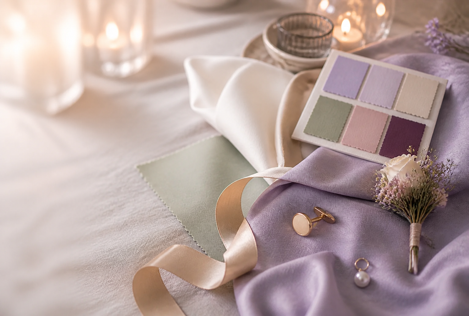 Invitation de mariage posée sur un tissu lilas avec des fleurs
